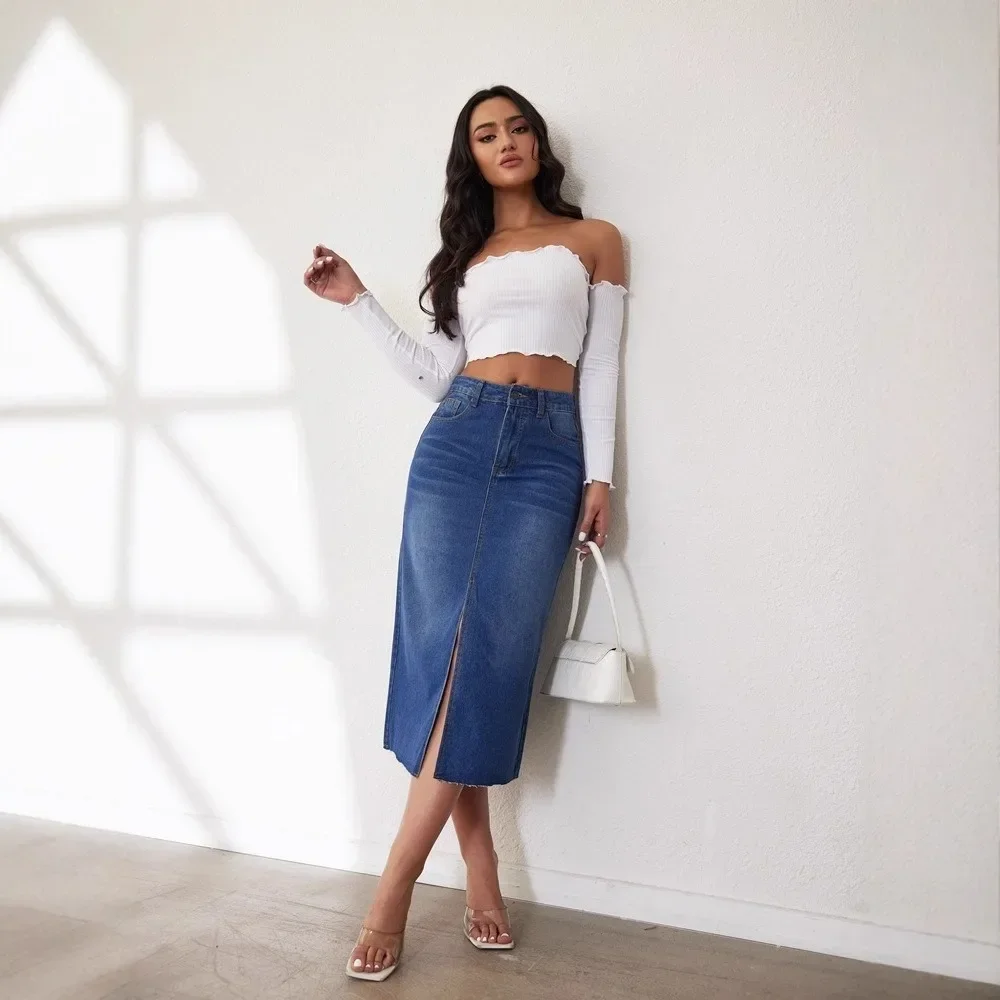 Women  Denim Midi Skirt Split  - đánh giá và giá Formal Skirt